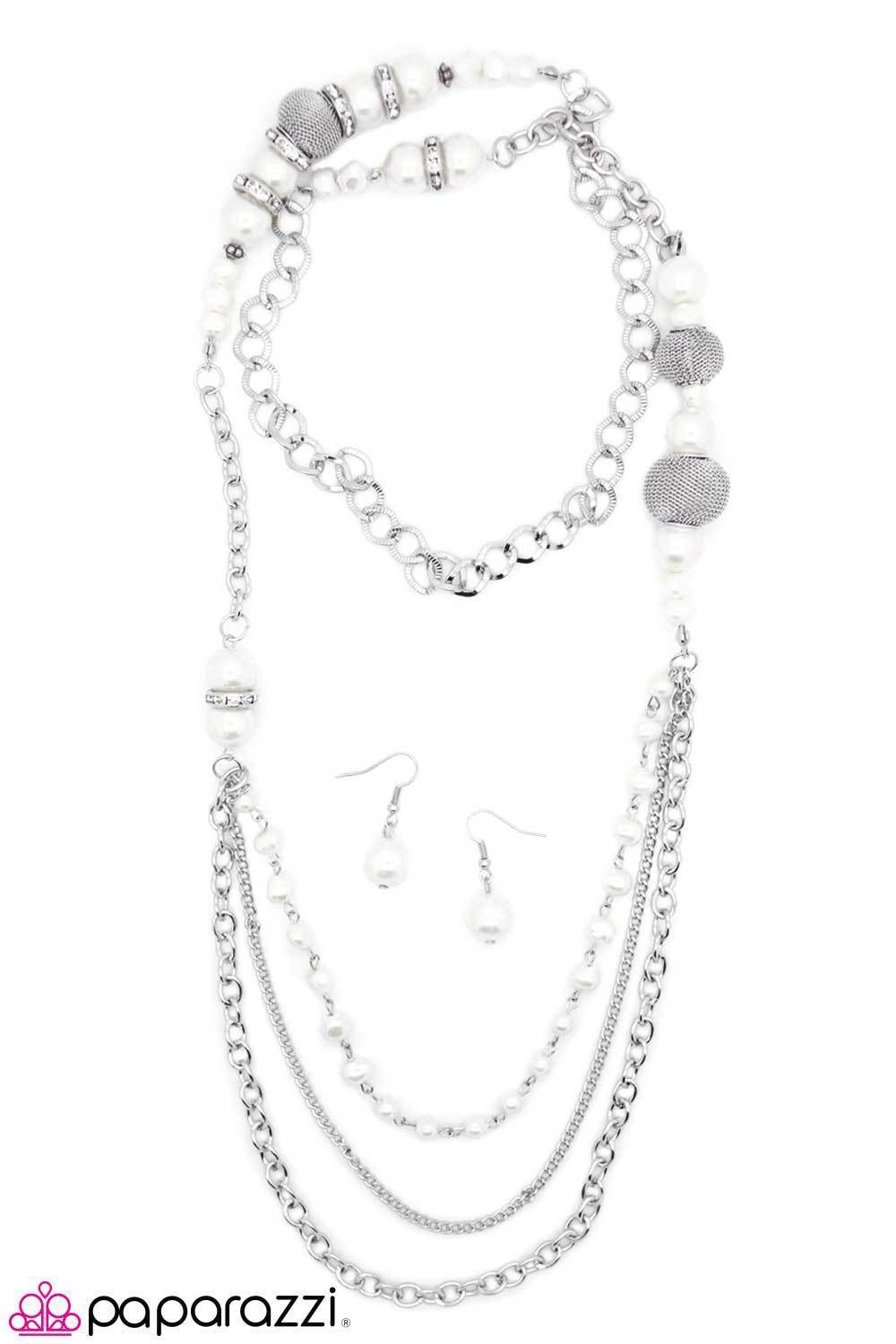 Enmeshed in Elegance Long White and Silver Necklace and matching Earrings - Paparazzi Accessories - lightbox -CarasShop.com - $5 Jewelry by Cara Jewels