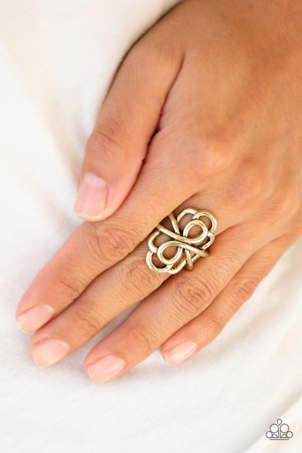 Ever Entwined Brass Ring - Paparazzi Accessories- model - CarasShop.com - $5 Jewelry by Cara Jewels