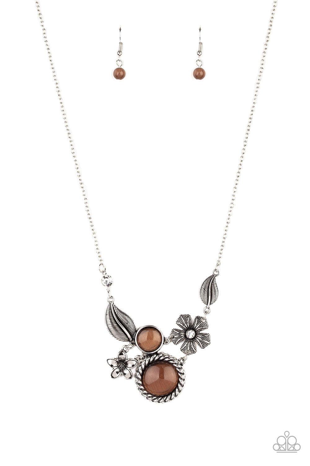 Exquisitely Eden Brown Cat&#39;s Eye Stone Floral Necklace - Paparazzi Accessories - lightbox -CarasShop.com - $5 Jewelry by Cara Jewels