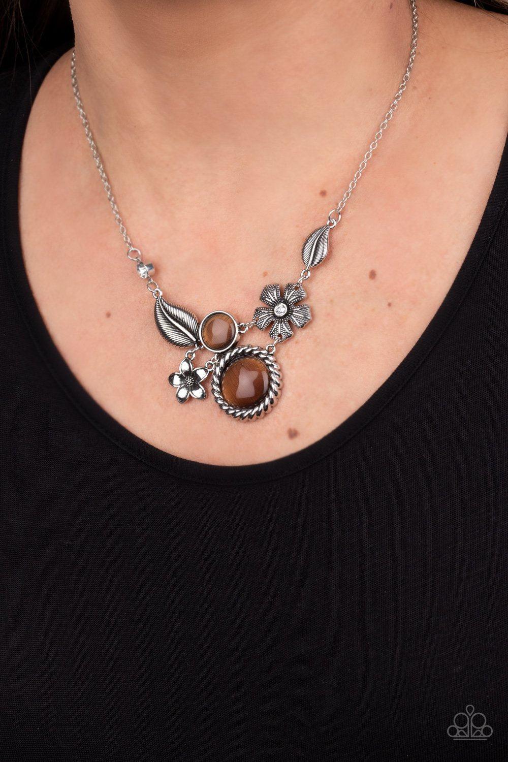 Exquisitely Eden Brown Cat&#39;s Eye Stone Floral Necklace - Paparazzi Accessories - model -CarasShop.com - $5 Jewelry by Cara Jewels