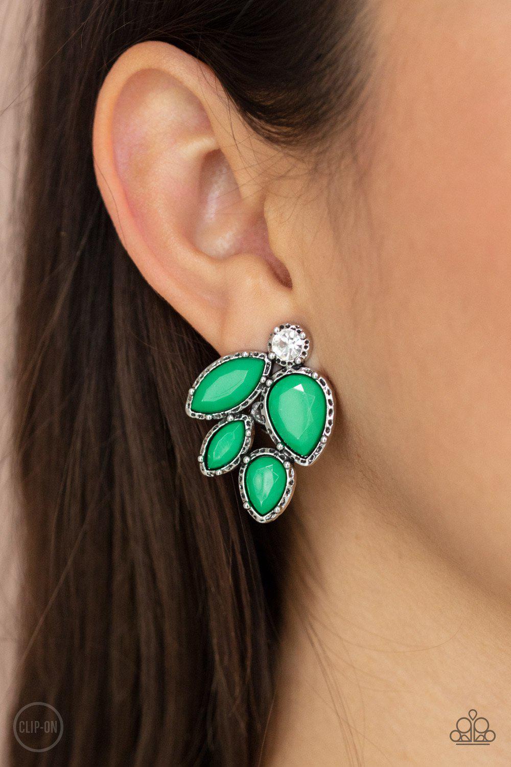 Fancy Foliage Green Clip-On Earrings - Paparazzi Accessories- model - CarasShop.com - $5 Jewelry by Cara Jewels