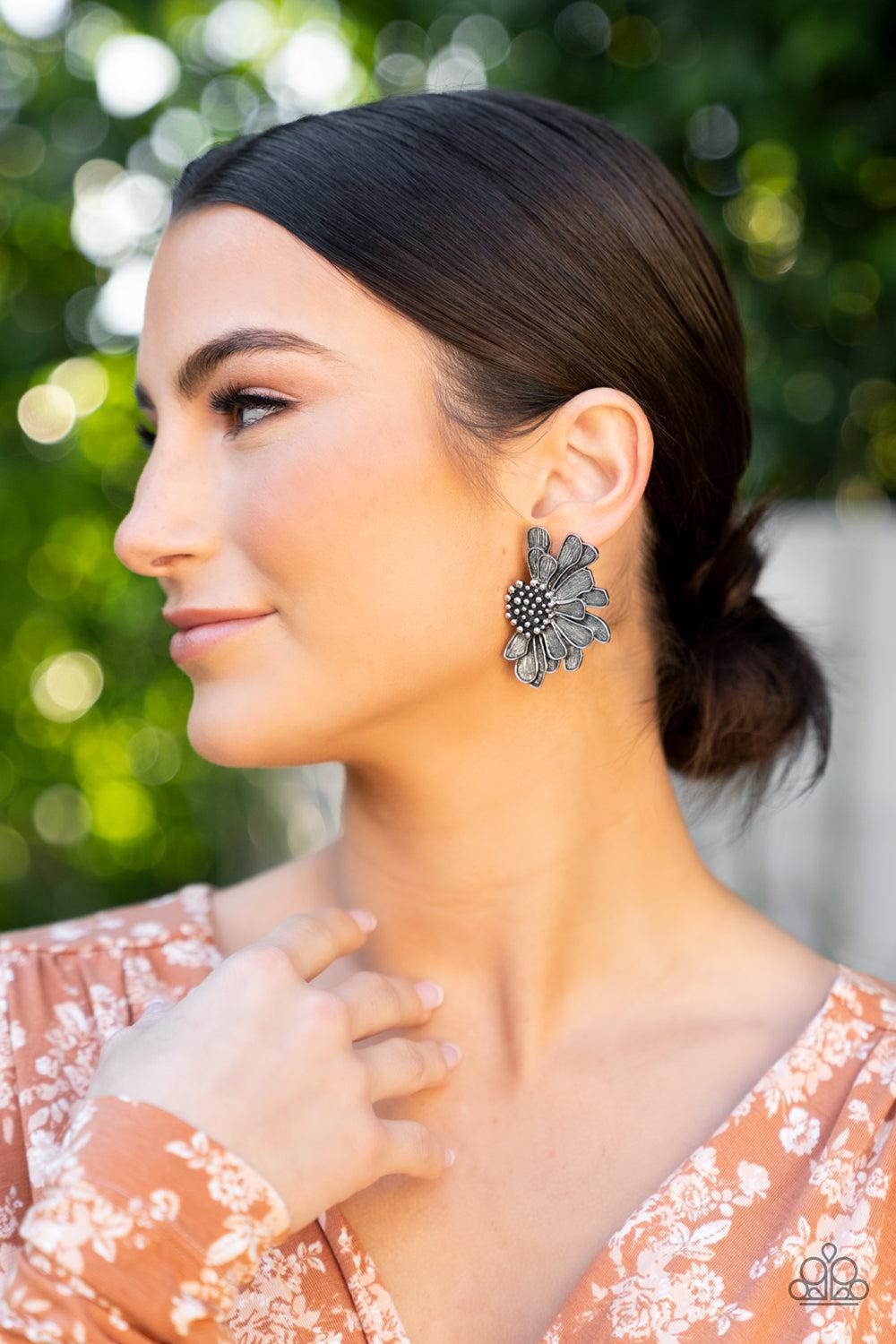 Farmstead Meadow Silver Flower Earrings - Paparazzi Accessories