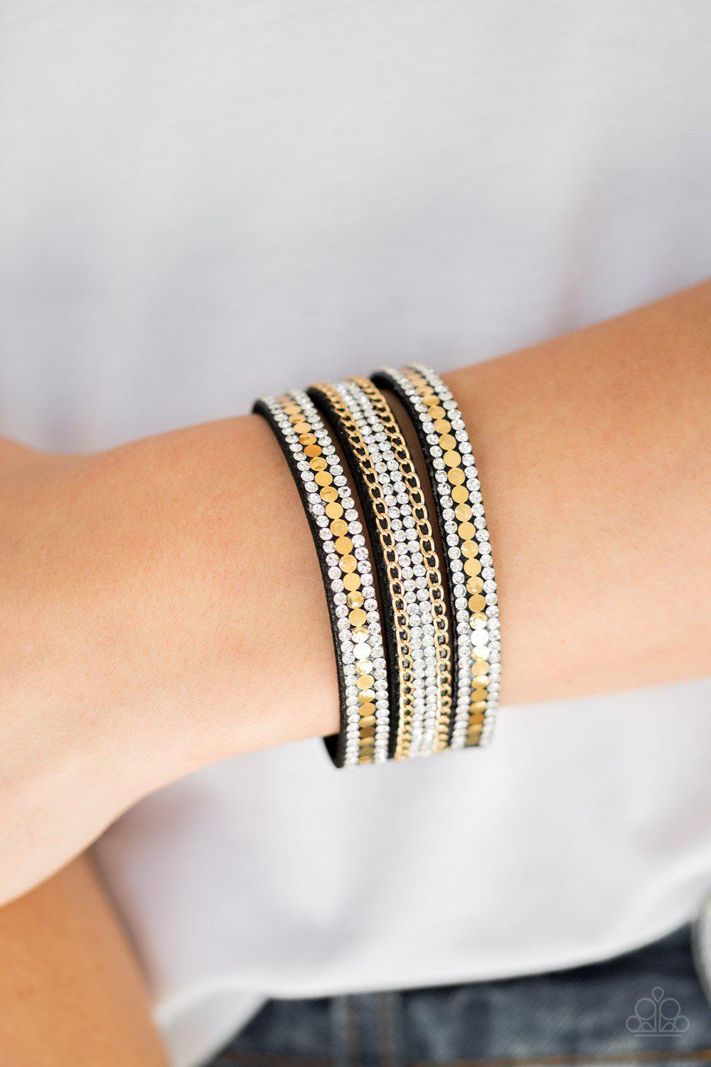 Fashion Fanatic Gold, White and Black Urban Wrap Snap Bracelet - Paparazzi Accessories- model - CarasShop.com - $5 Jewelry by Cara Jewels