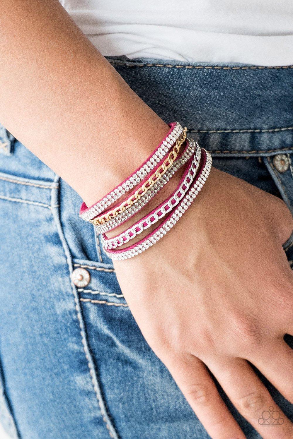 Fashion Fiend Pink, Silver and Gold Urban Wrap Snap Bracelet - Paparazzi Accessories - model -CarasShop.com - $5 Jewelry by Cara Jewels