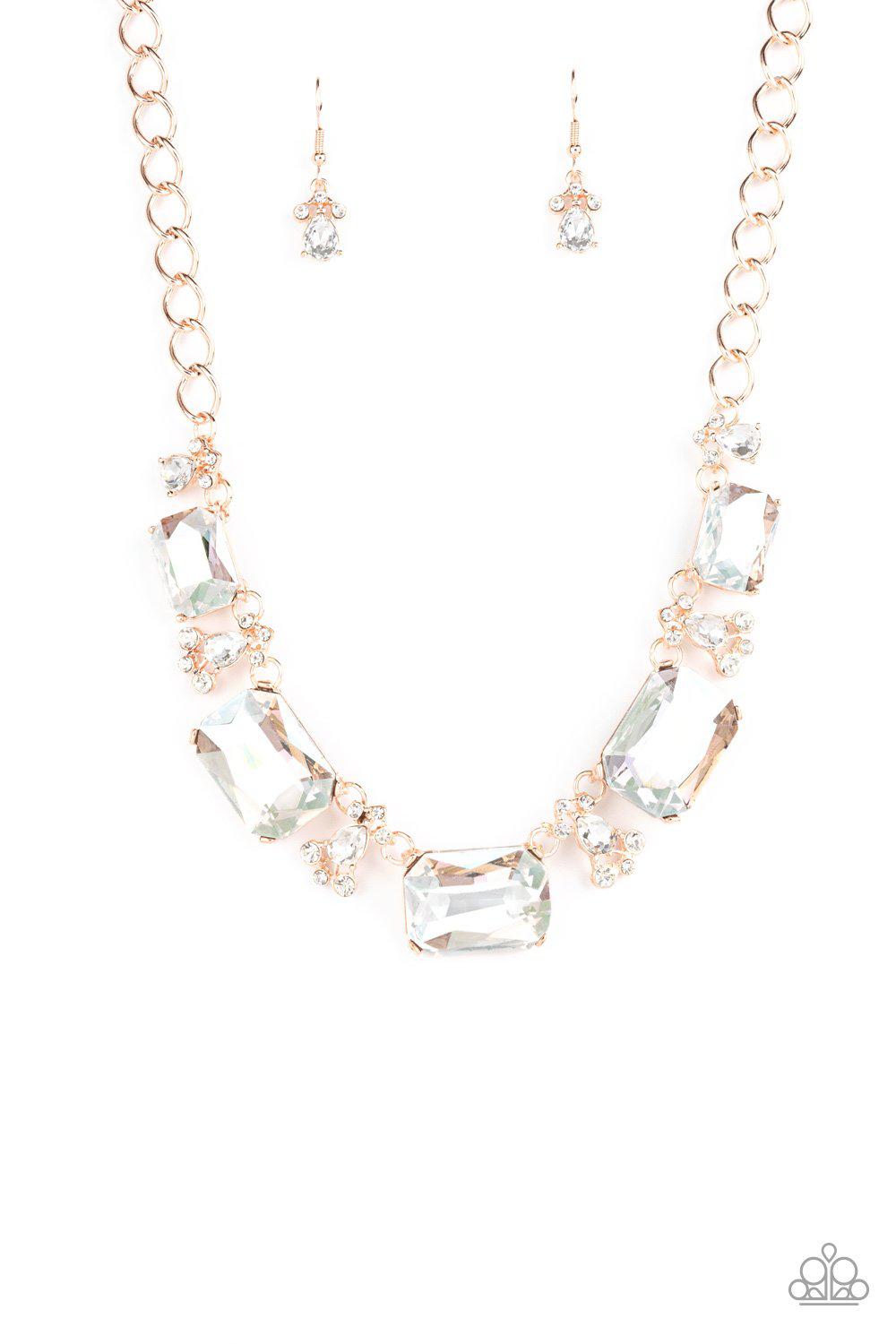 Flawlessly Famous Multi Iridescent Rhinestone and Rose Gold Necklace - Paparazzi Accessories Life of the Party Exclusive September 2021- lightbox - CarasShop.com - $5 Jewelry by Cara Jewels