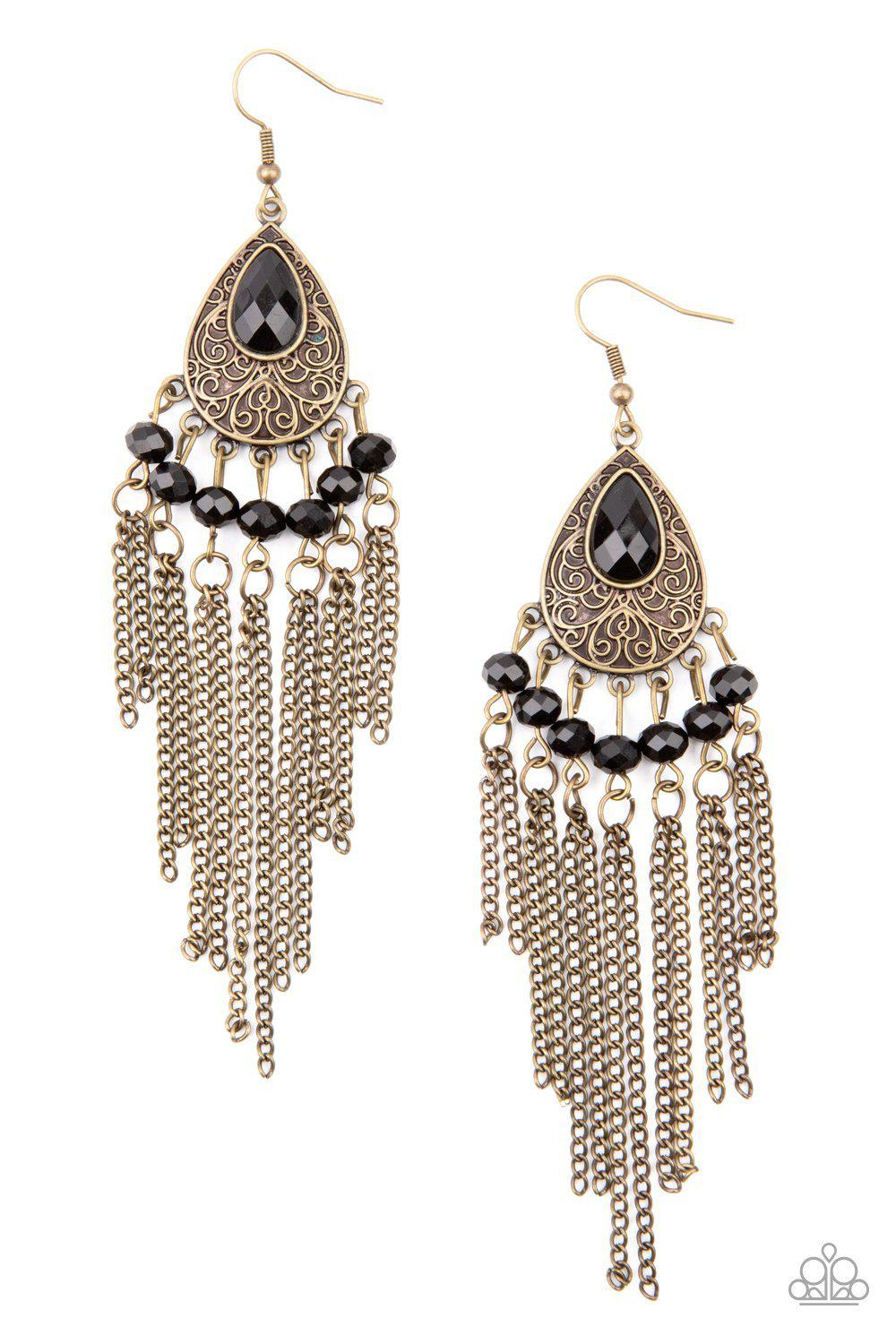 Floating on HEIR Brass and Black Fringe Earrings - Paparazzi Accessories- lightbox - CarasShop.com - $5 Jewelry by Cara Jewels