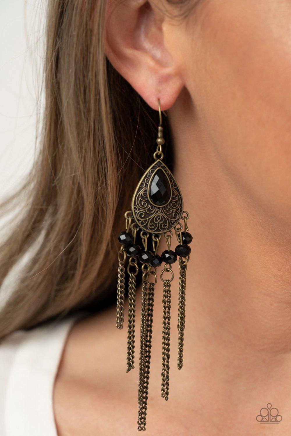 Floating on HEIR Brass and Black Fringe Earrings - Paparazzi Accessories- model - CarasShop.com - $5 Jewelry by Cara Jewels