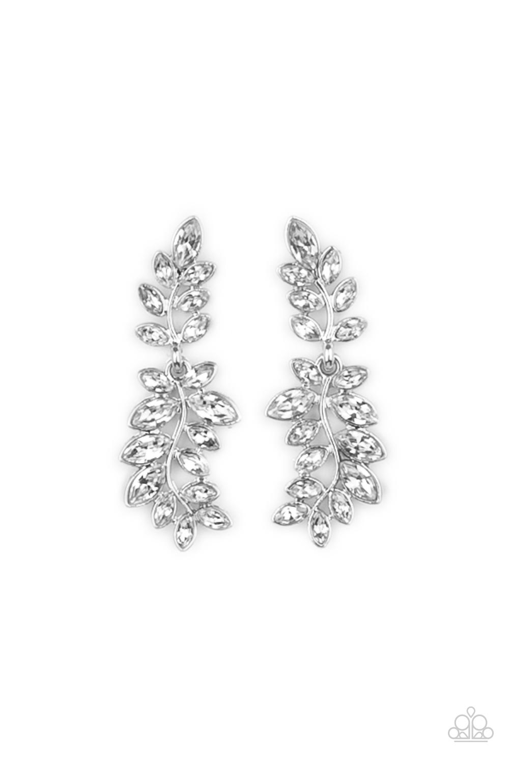 Frond Fairytale White Rhinestone Leaf Earrings - Paparazzi Accessories - lightbox -CarasShop.com - $5 Jewelry by Cara Jewels