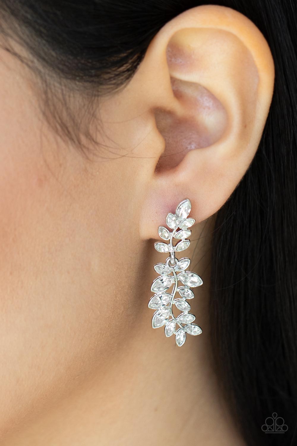 Frond Fairytale White Rhinestone Leaf Earrings - Paparazzi Accessories - model -CarasShop.com - $5 Jewelry by Cara Jewels