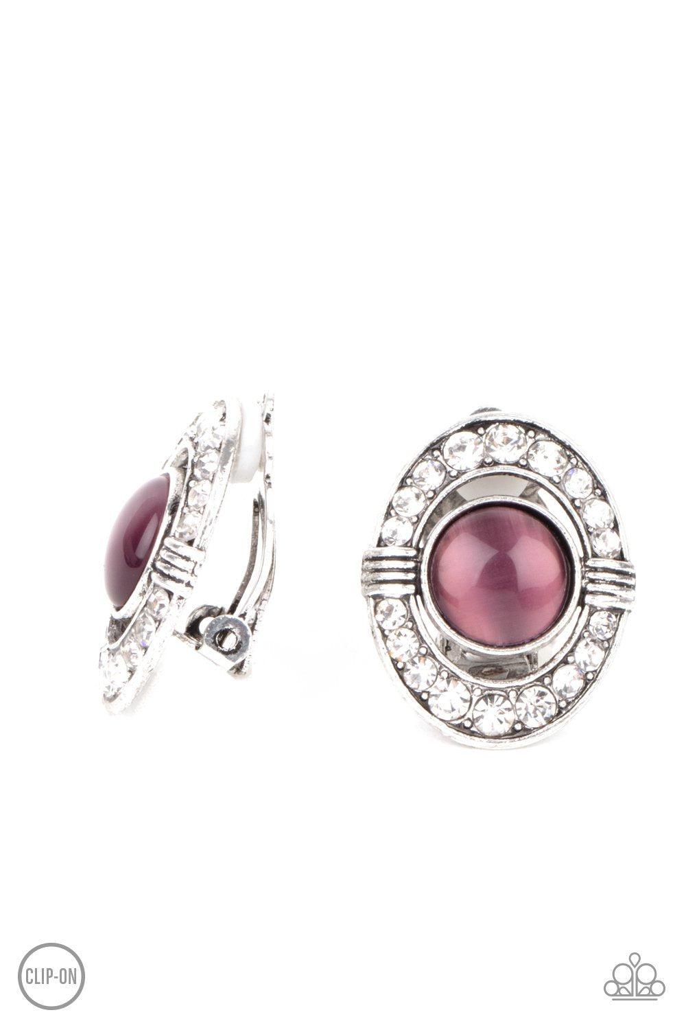 GLOW Of Force Purple Cat's Eye Stone Clip-on Earrings - Paparazzi Accessories- lightbox - CarasShop.com - $5 Jewelry by Cara Jewels