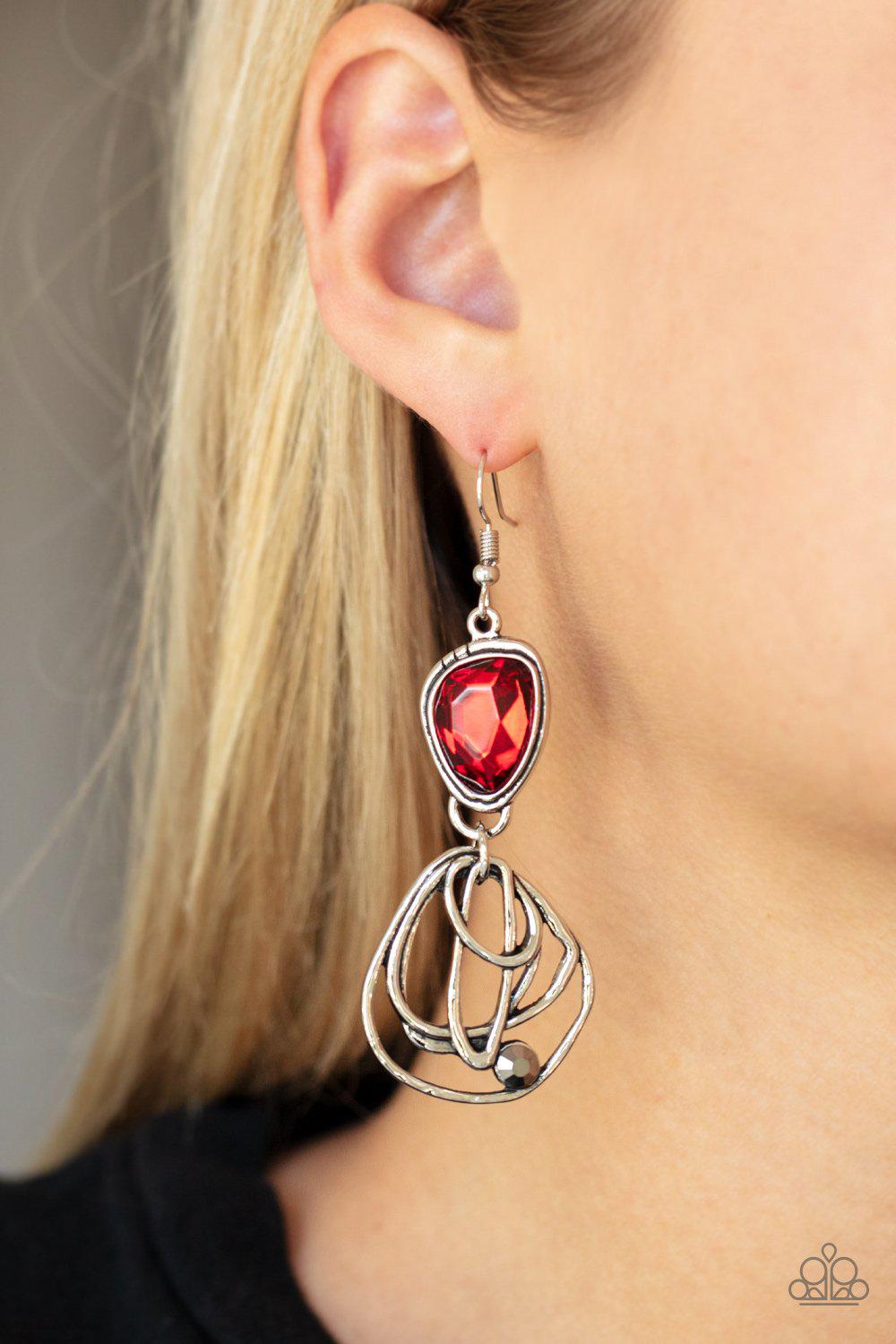 Galactic Drama Red Rhinestone Earrings - Paparazzi Accessories - model -CarasShop.com - $5 Jewelry by Cara Jewels
