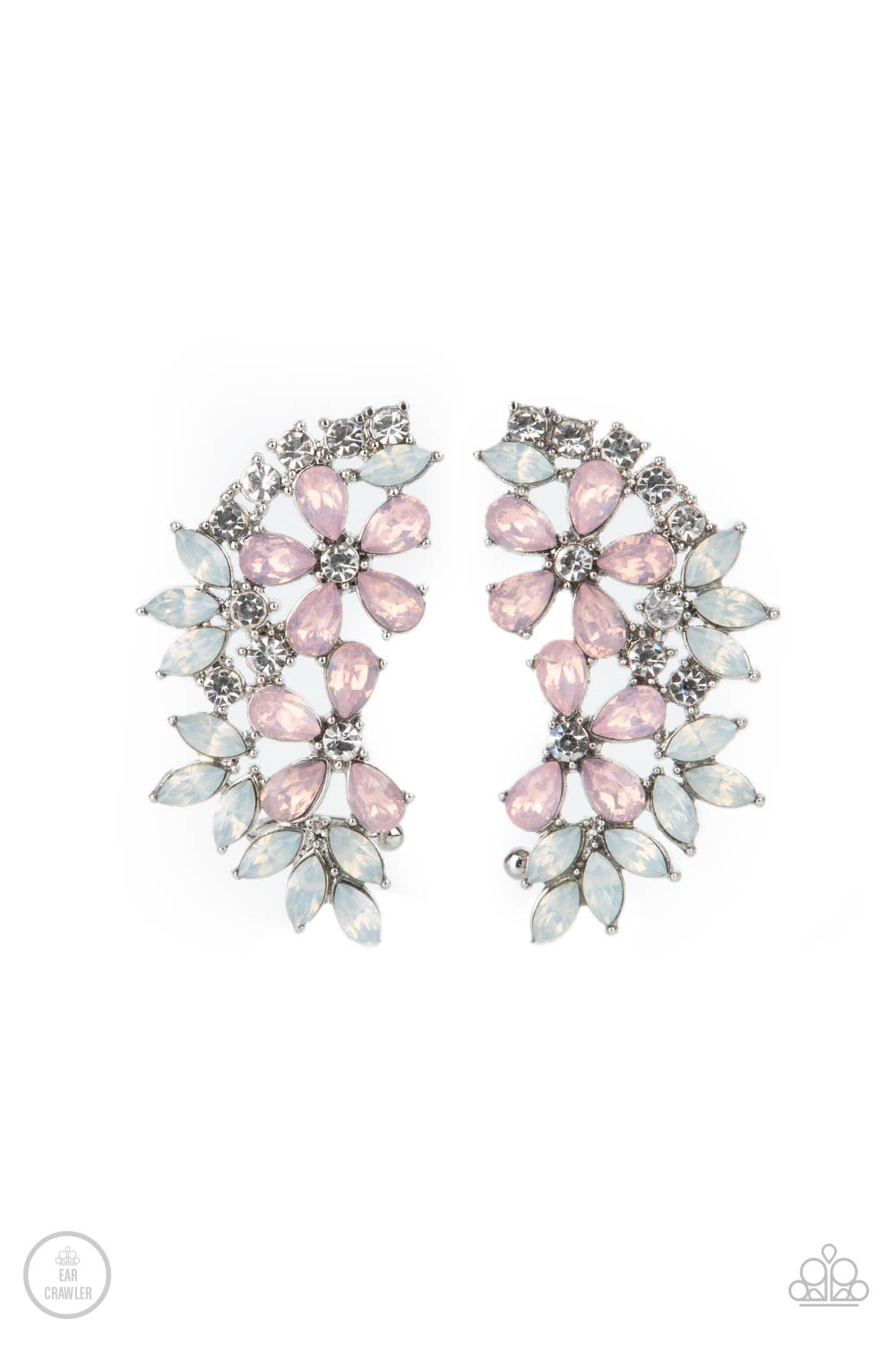 Garden Party Powerhouse Pink and White Floral Ear Crawler Earrings - Paparazzi Accessories- lightbox - CarasShop.com - $5 Jewelry by Cara Jewels