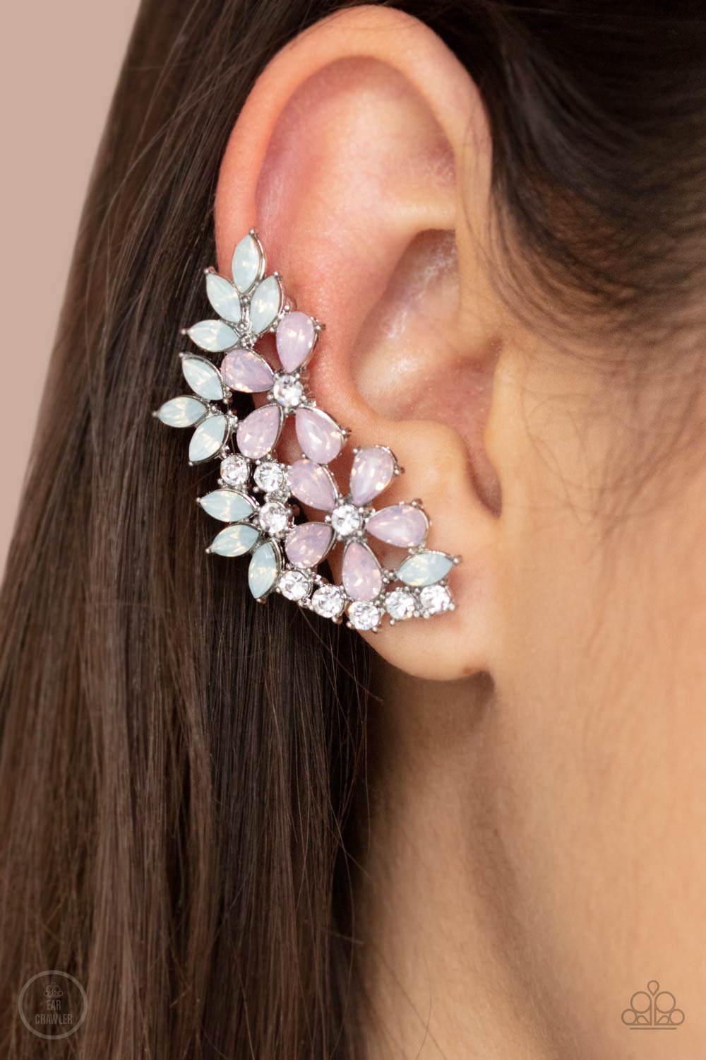 Garden Party Powerhouse Pink and White Floral Ear Crawler Earrings - Paparazzi Accessories- model - CarasShop.com - $5 Jewelry by Cara Jewels
