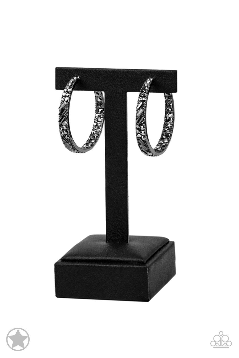 Glitzy By Association Gunmetal Black and Hematite Hoop Earrings - Paparazzi Accessories- on bust -CarasShop.com - $5 Jewelry by Cara Jewels