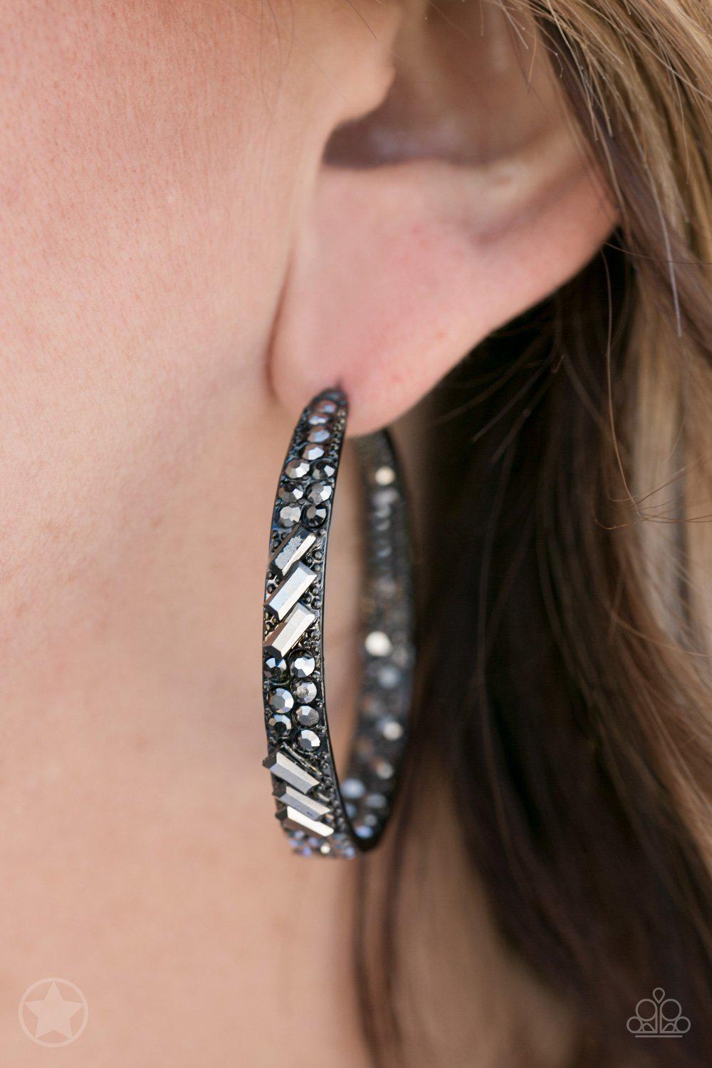 Pierced Earrings Black Metal Crystal Layered Hoops Dangle 1.75