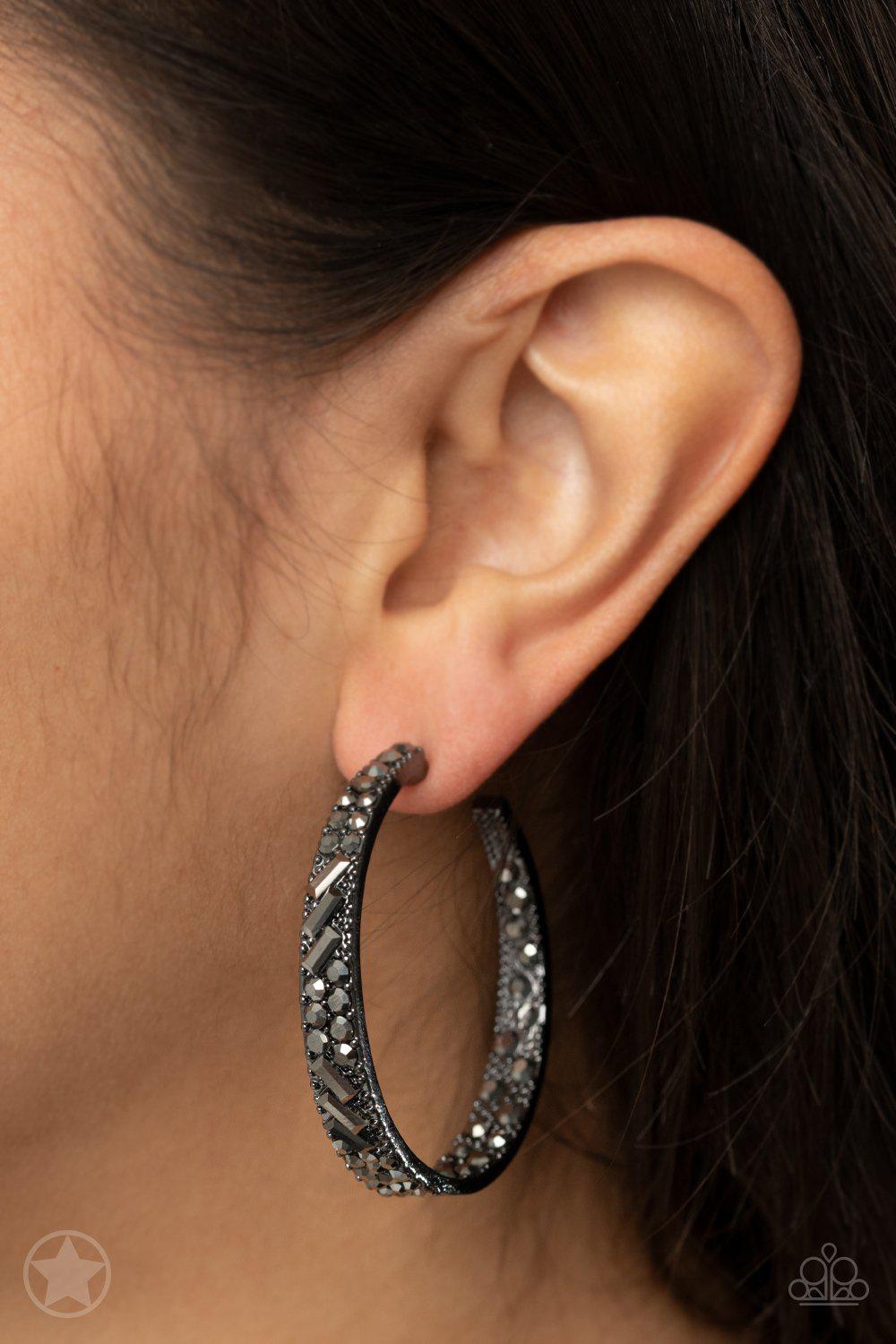 Glitzy By Association Gunmetal Black and Hematite Hoop Earrings - Paparazzi Accessories - model -CarasShop.com - $5 Jewelry by Cara Jewels