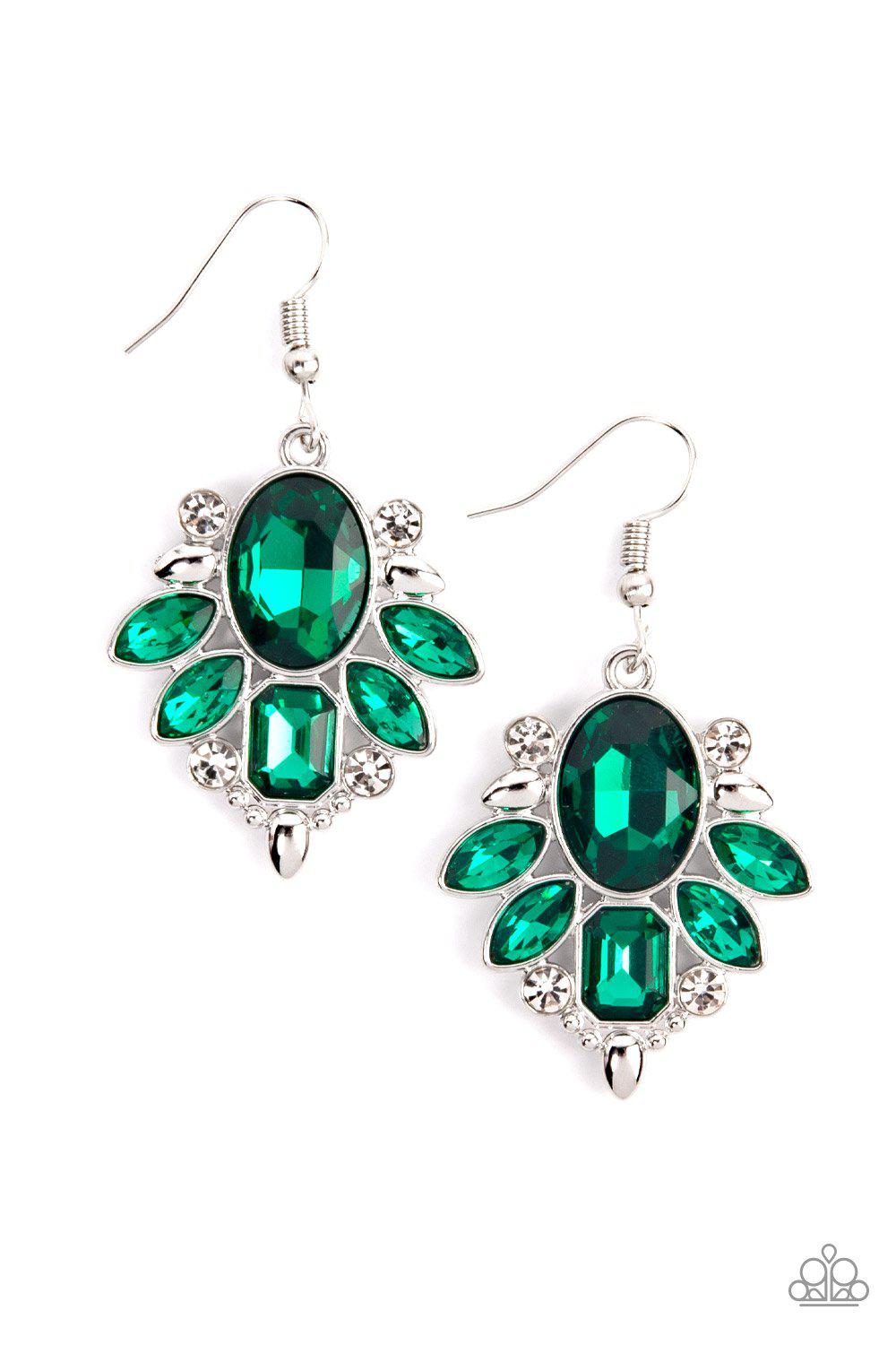Glitzy Go-Getter Green and White Rhinestone Earrings - Paparazzi Accessories- lightbox - CarasShop.com - $5 Jewelry by Cara Jewels