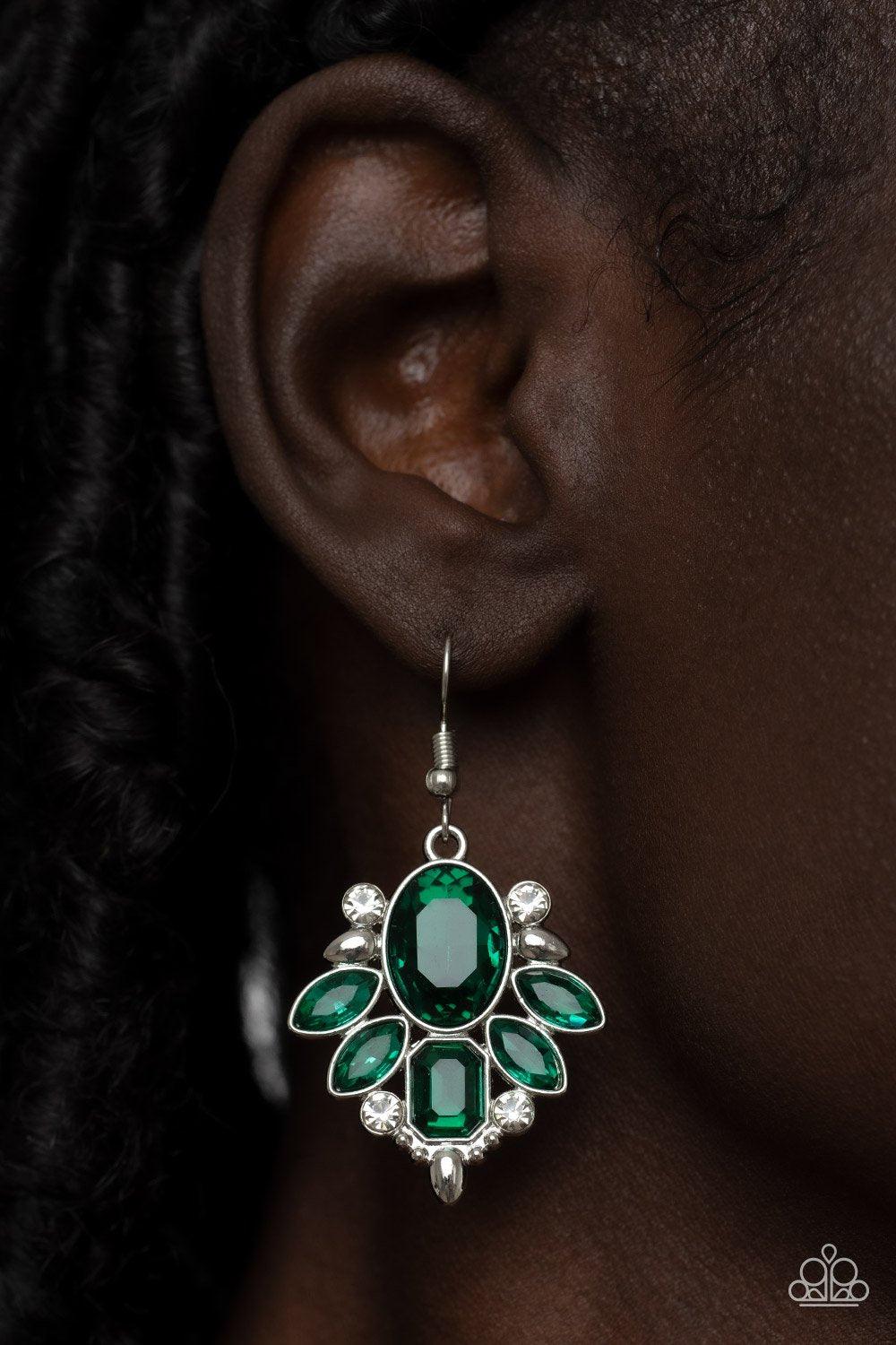 Glitzy Go-Getter Green and White Rhinestone Earrings - Paparazzi Accessories- model - CarasShop.com - $5 Jewelry by Cara Jewels