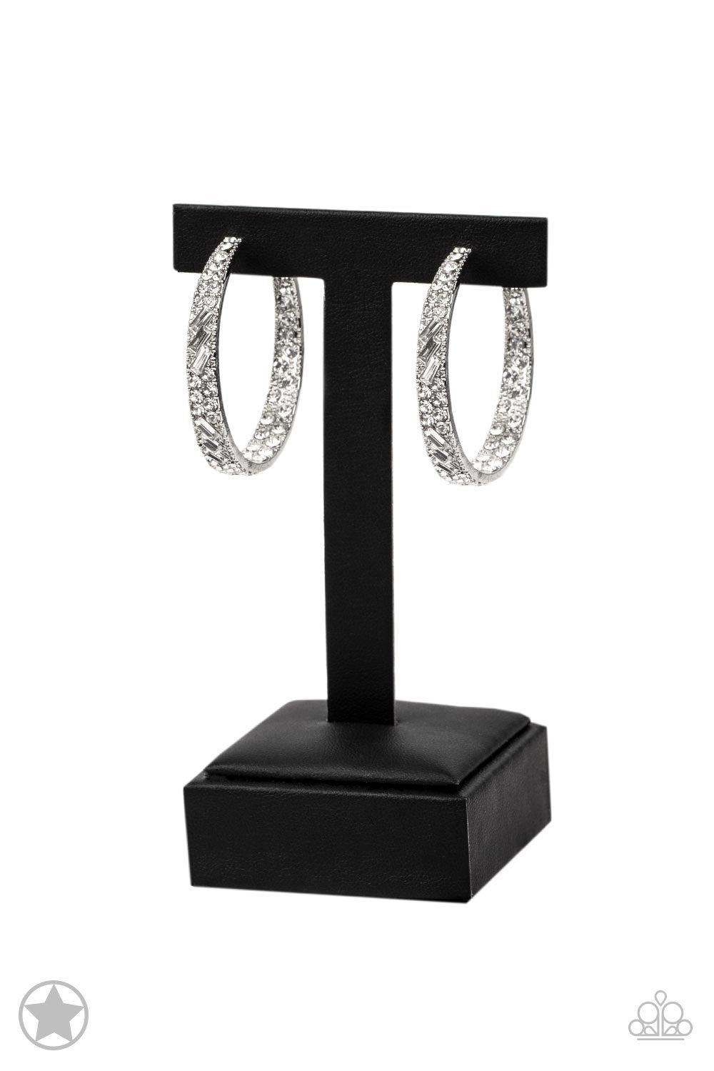 Glitzy by Association White Rhinestone Hoop Earrings - Paparazzi Accessories- on bust -CarasShop.com - $5 Jewelry by Cara Jewels
