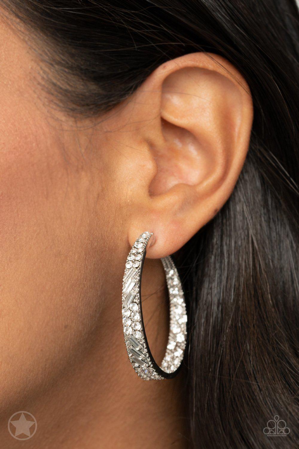 Glitzy by Association White Rhinestone Hoop Earrings - Paparazzi Accessories - model -CarasShop.com - $5 Jewelry by Cara Jewels