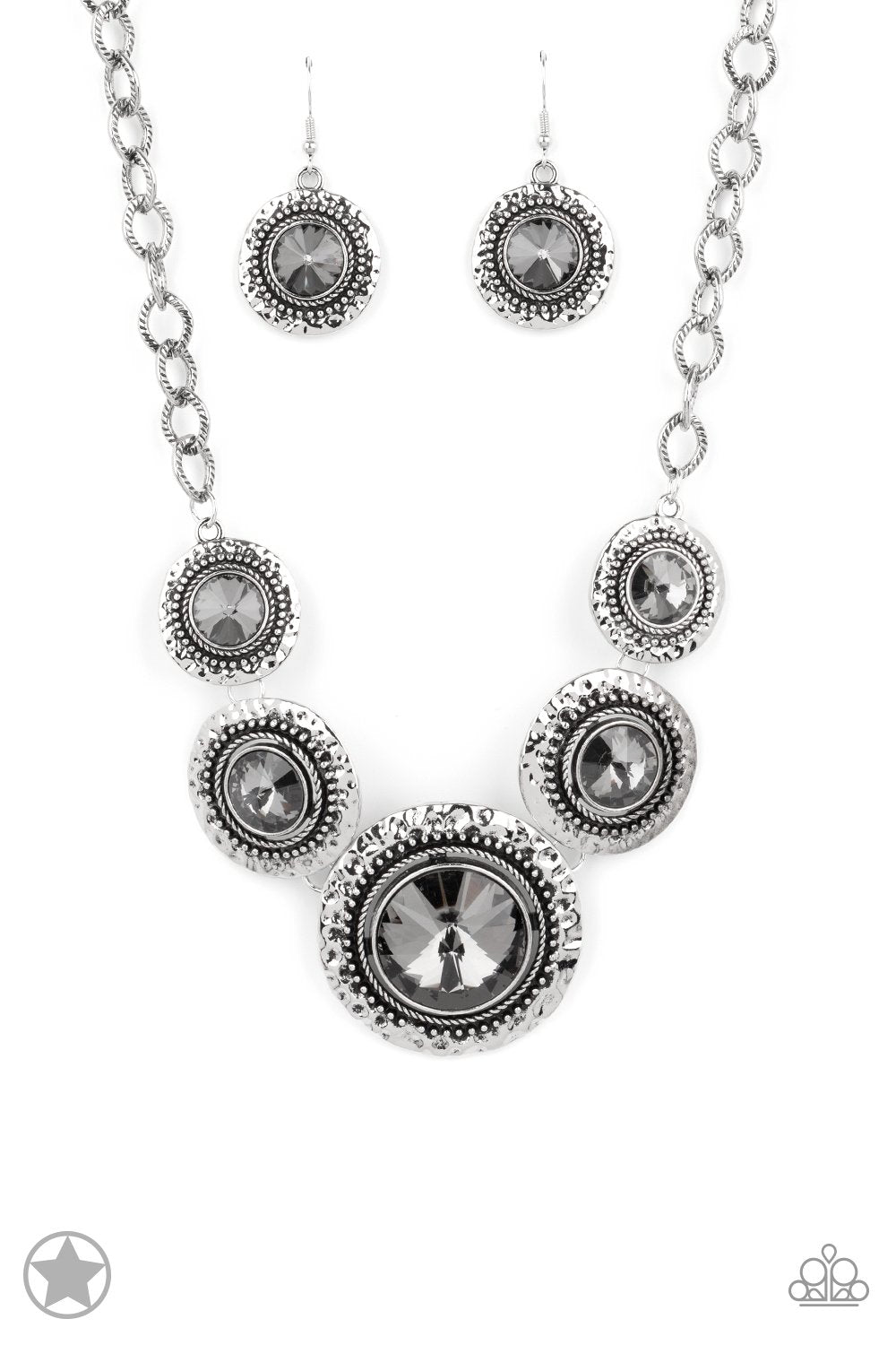 Global Glamour Silver and Smoky Gem Necklace and matching Earrings - Paparazzi Accessories - lightbox -CarasShop.com - $5 Jewelry by Cara Jewels