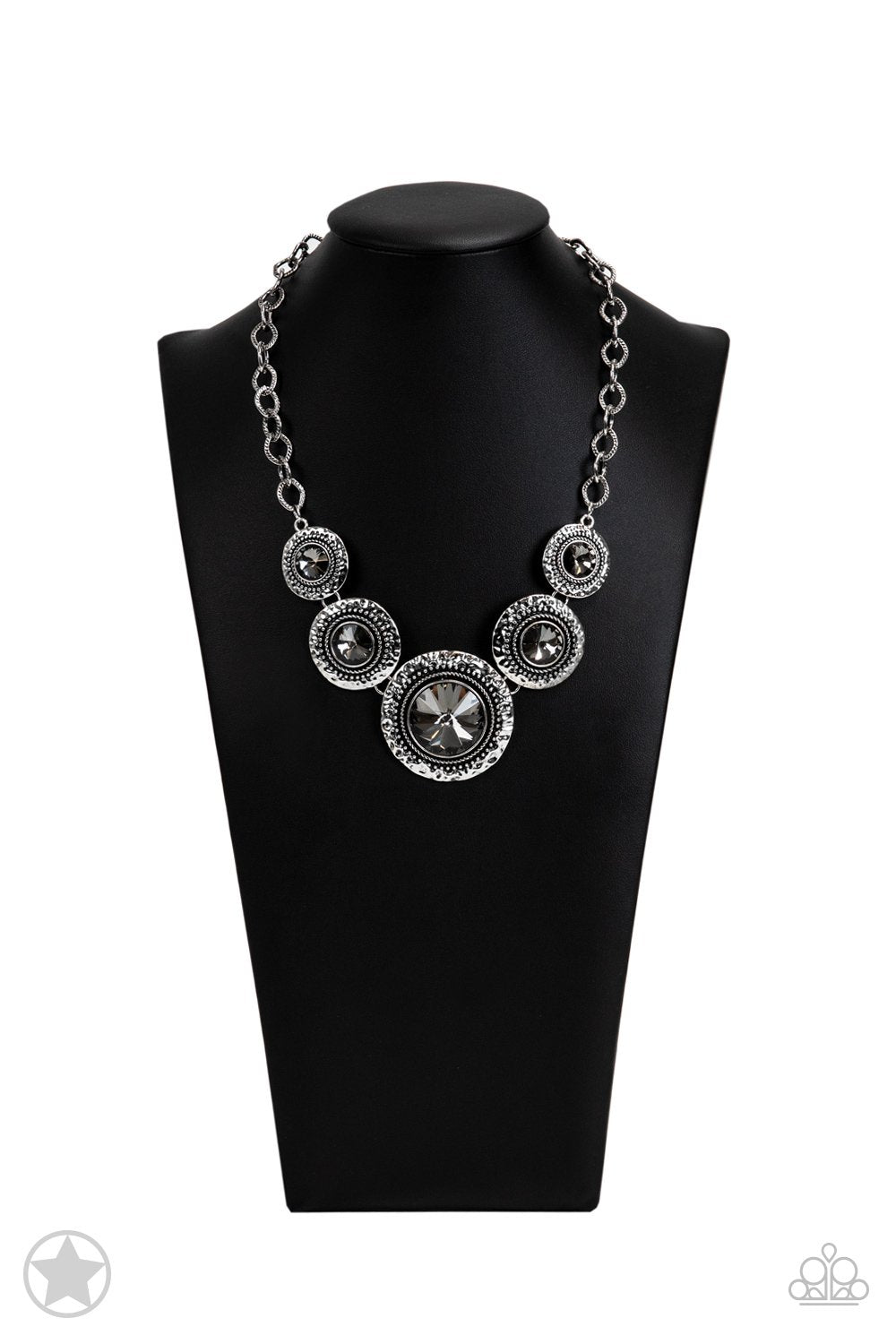Global Glamour Silver and Smoky Gem Necklace and matching Earrings - Paparazzi Accessories- on bust -CarasShop.com - $5 Jewelry by Cara Jewels