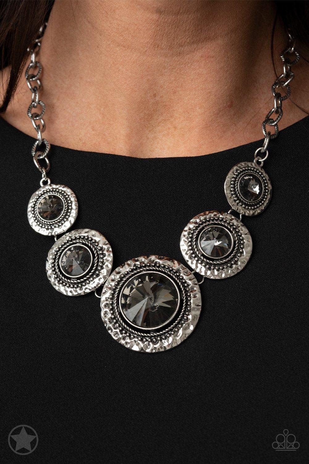 Global Glamour Silver and Smoky Gem Necklace and matching Earrings - Paparazzi Accessories - model -CarasShop.com - $5 Jewelry by Cara Jewels