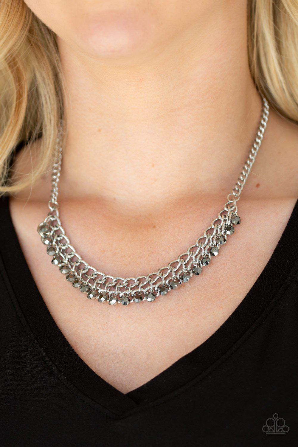 Glow and Grind Silver Hematite Rhinestone Necklace - Paparazzi Accessories - model -CarasShop.com - $5 Jewelry by Cara Jewels