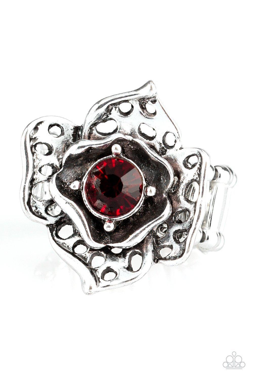 Glowing Gardens Red Rhinestone and Silver Flower Ring - Paparazzi Accessories- lightbox - CarasShop.com - $5 Jewelry by Cara Jewels