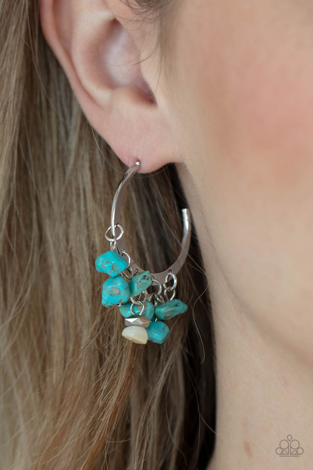 Gorgeously Grounding Turquoise Blue Pebble Hoop Earrings - Paparazzi Accessories- model - CarasShop.com - $5 Jewelry by Cara Jewels