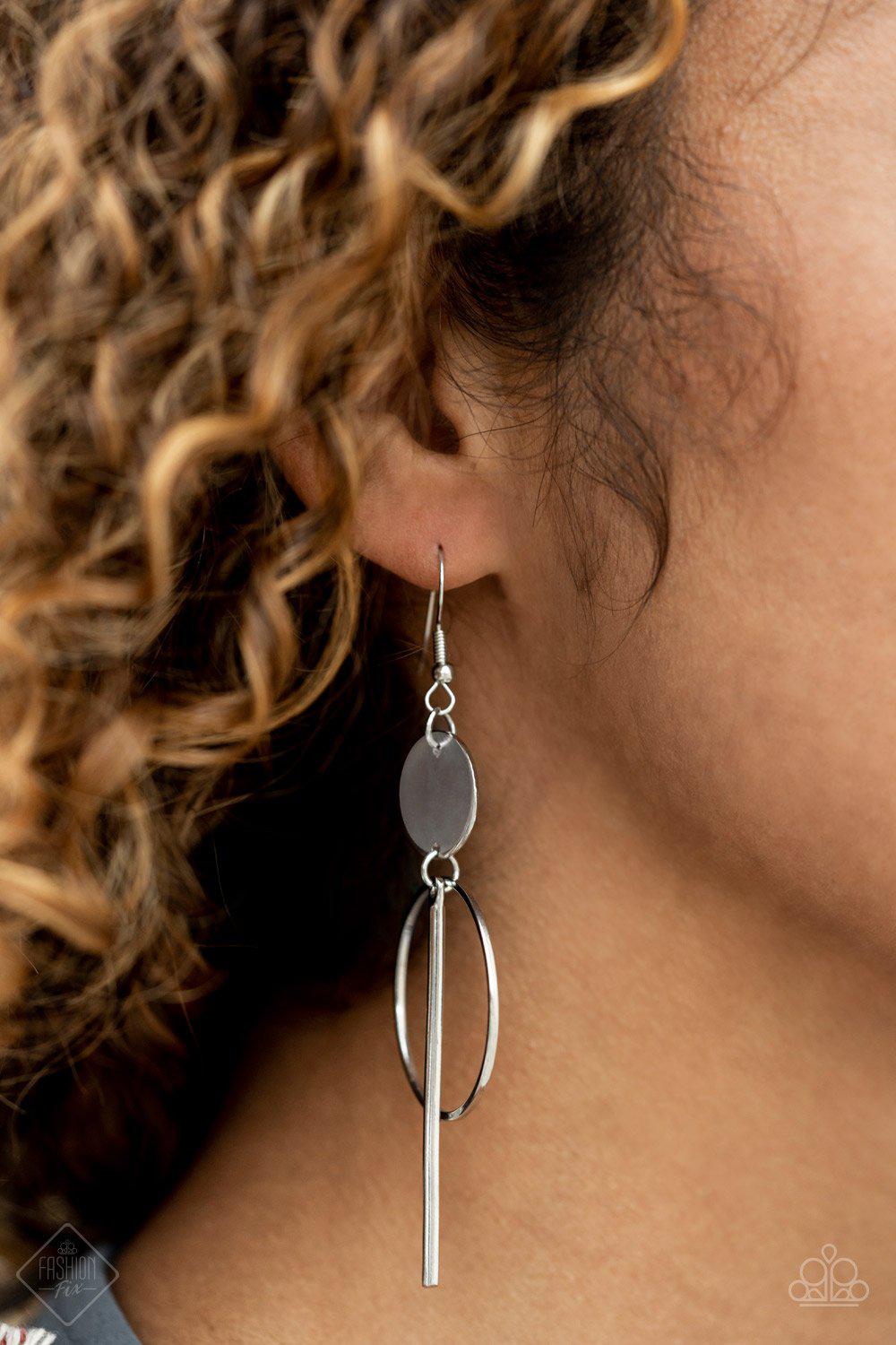 Harmoniously Balanced Silver Earrings - Paparazzi Accessories- model - CarasShop.com - $5 Jewelry by Cara Jewels