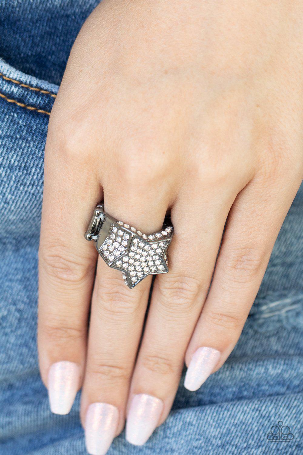 Here Come The Fireworks Gunmetal Black and White Rhinestone Star Ring - Paparazzi Accessories- model - CarasShop.com - $5 Jewelry by Cara Jewels