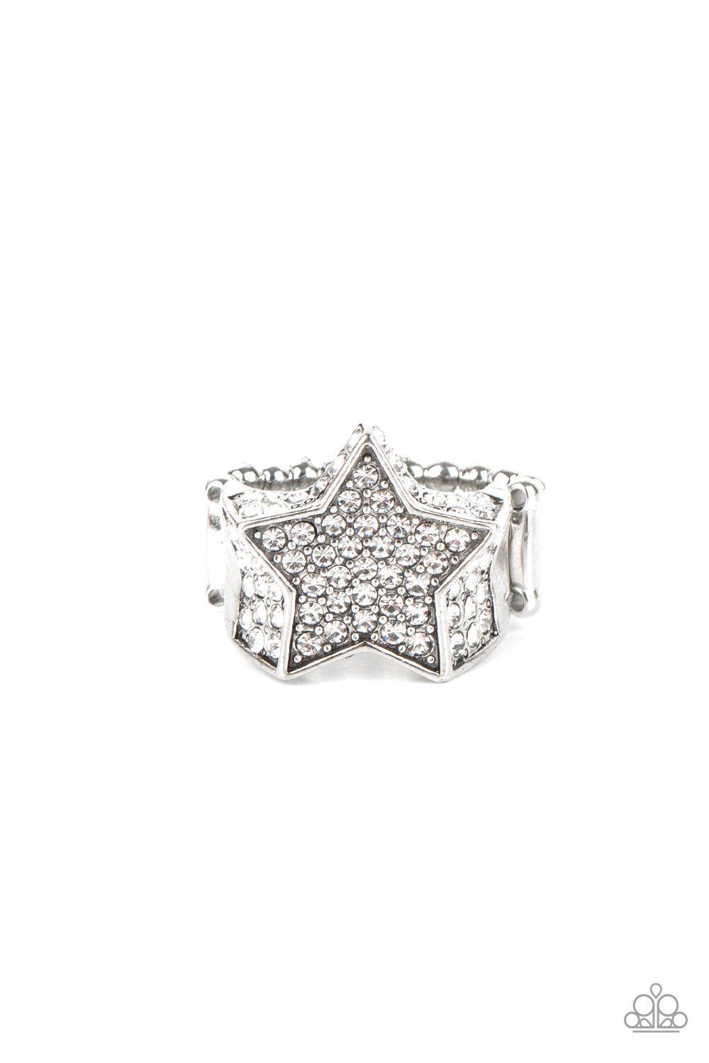 Here Come The Fireworks White Rhinestone Star Ring - Paparazzi Accessories- lightbox - CarasShop.com - $5 Jewelry by Cara Jewels
