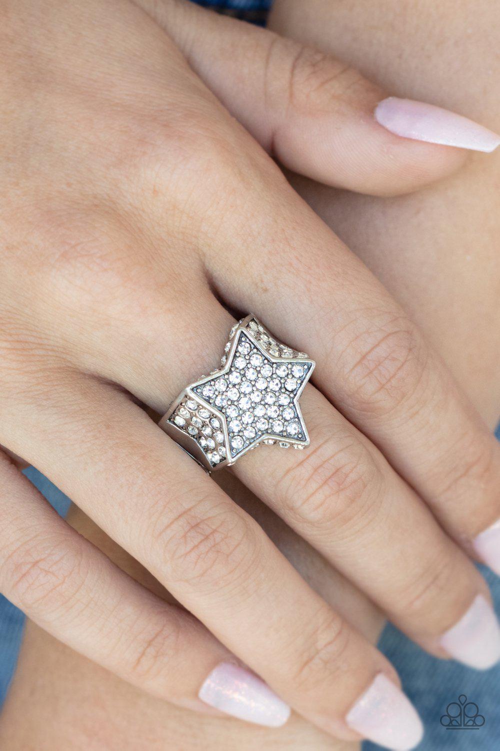 Here Come The Fireworks White Rhinestone Star Ring - Paparazzi Accessories- model - CarasShop.com - $5 Jewelry by Cara Jewels