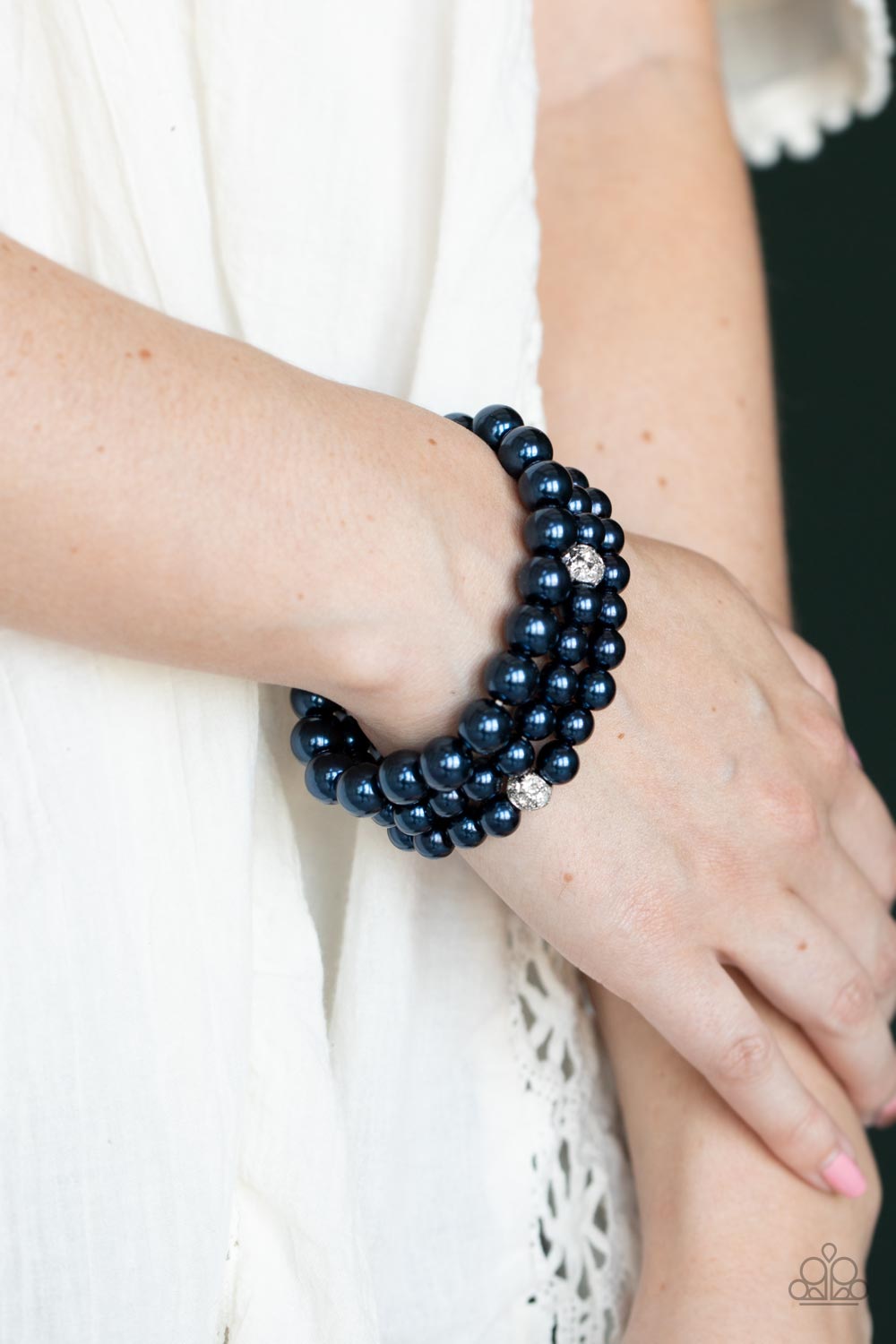 Here Comes The Heiress Blue Pearl Bracelet Set - Paparazzi Accessories- model - CarasShop.com - $5 Jewelry by Cara Jewels