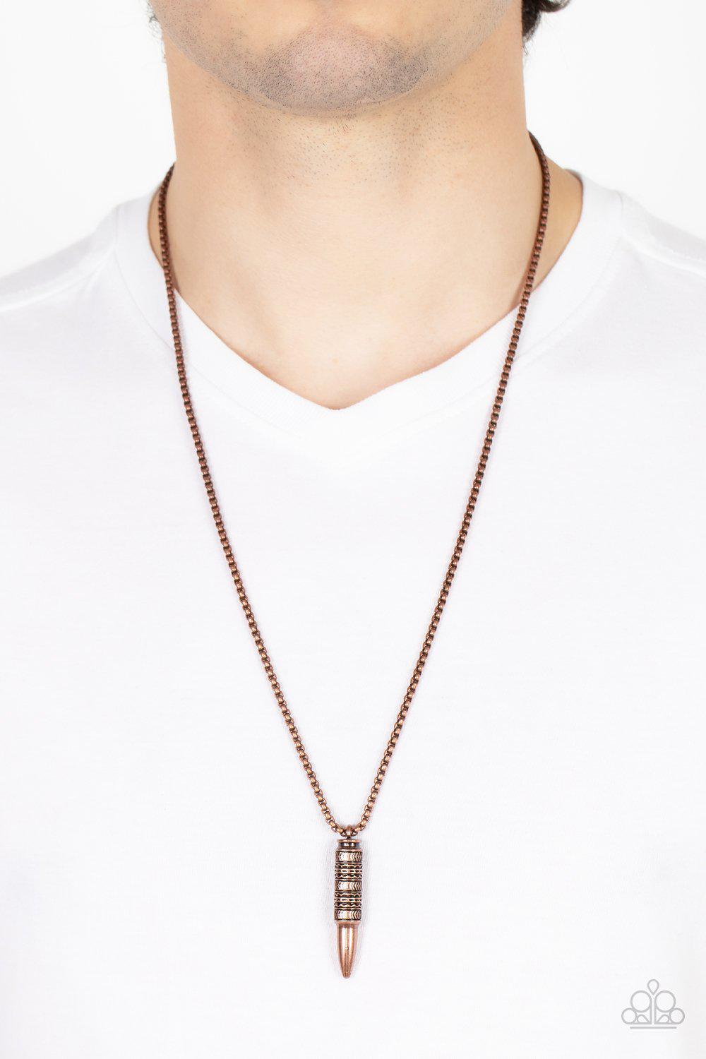 Highland Hunter Men&#39;s Copper Bullet Necklace - Paparazzi Accessories- model - CarasShop.com - $5 Jewelry by Cara Jewels
