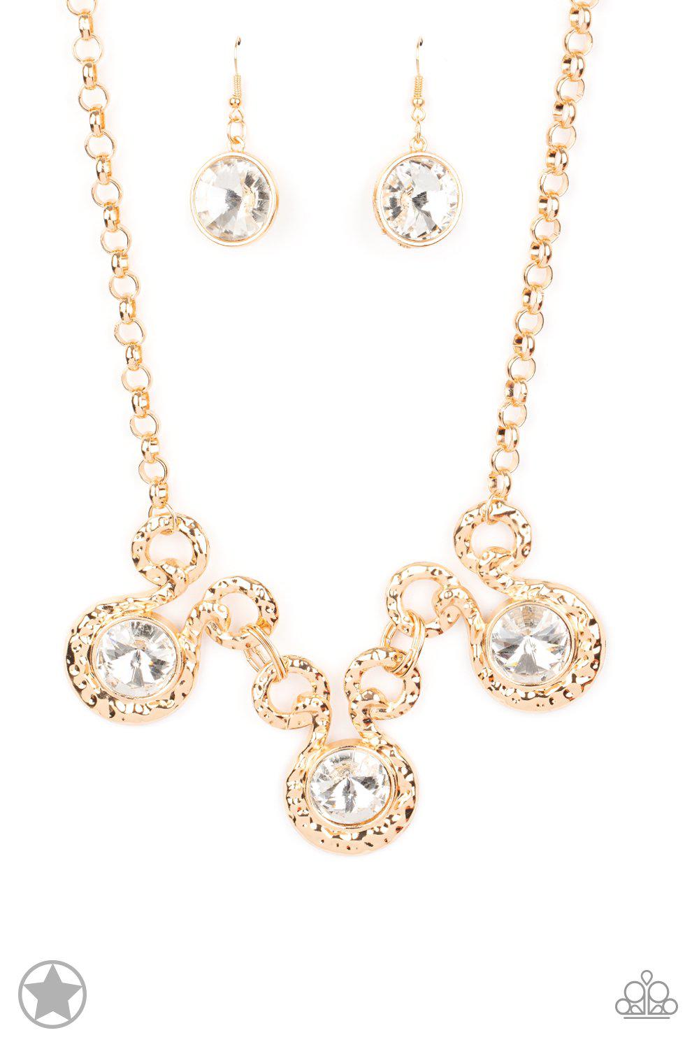 Hypnotized Gold and White Rhinestone Necklace and matching Earrings - Paparazzi Accessories - lightbox -CarasShop.com - $5 Jewelry by Cara Jewels