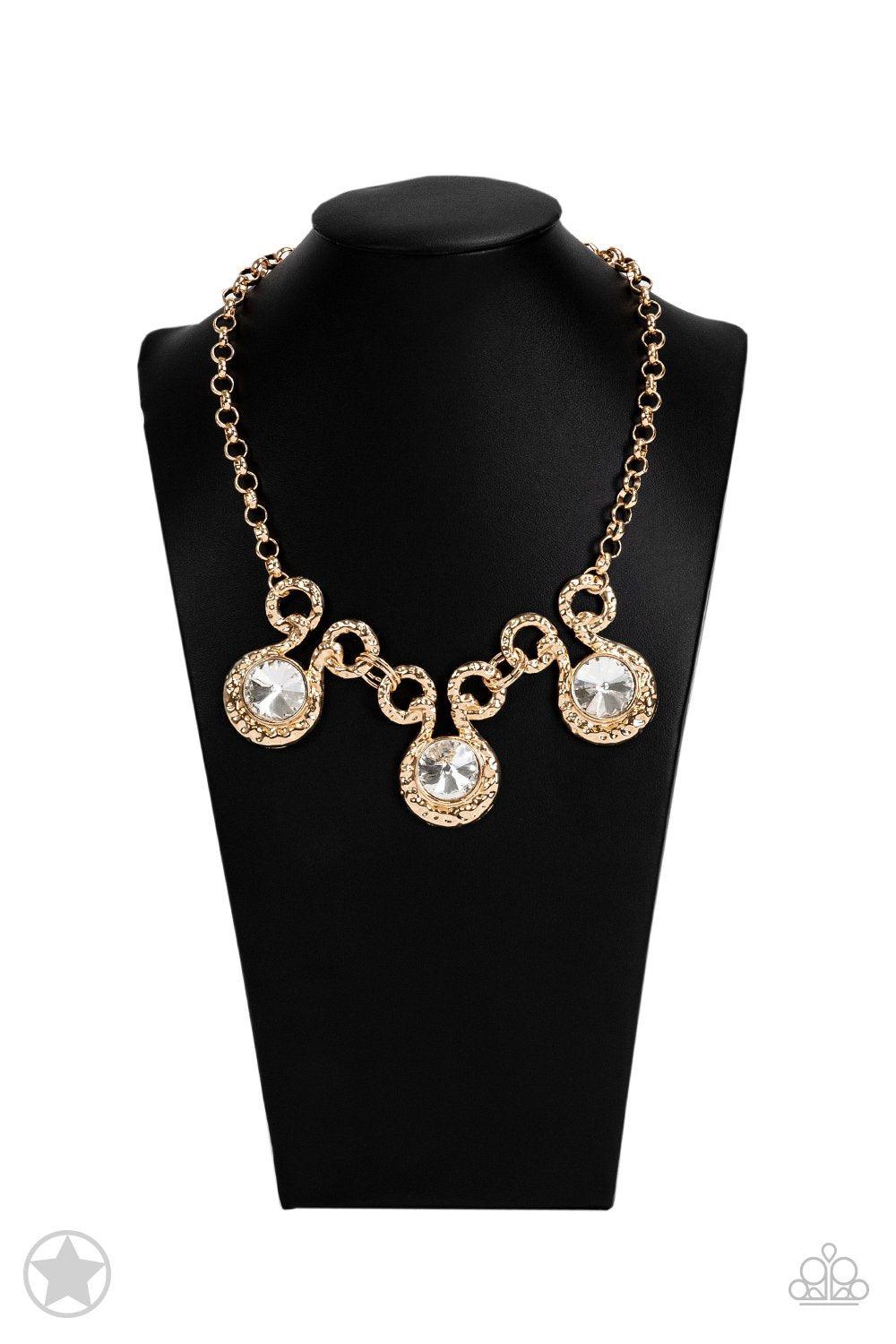 Hypnotized Gold and White Rhinestone Necklace and matching Earrings - Paparazzi Accessories- on bust -CarasShop.com - $5 Jewelry by Cara Jewels