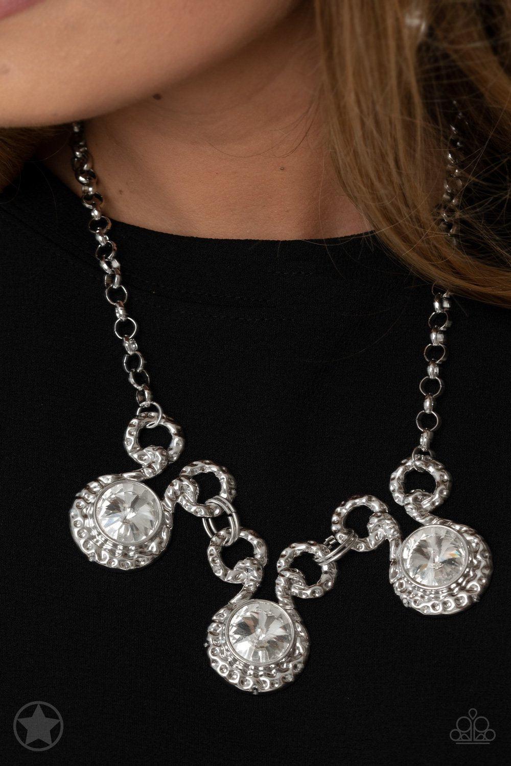 Hypnotized - Silver and White Rhinestone Necklace and matching Earrings - Paparazzi Accessories - model -CarasShop.com - $5 Jewelry by Cara Jewels