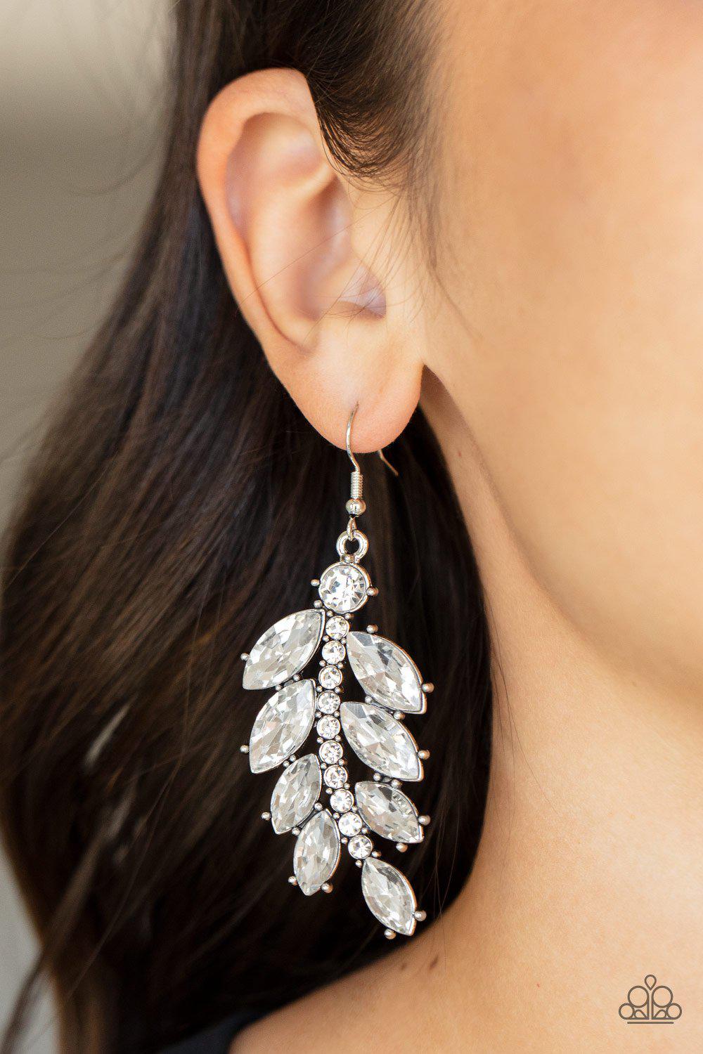 Ice Garden Gala White Rhinestone Leaf Earrings - Paparazzi Accessories- lightbox - CarasShop.com - $5 Jewelry by Cara Jewels