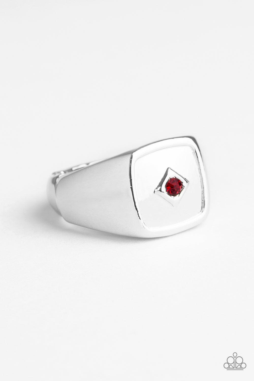 Immortal Men&#39;s Red Rhinestone and Silver Ring - Paparazzi Accessories- lightbox - CarasShop.com - $5 Jewelry by Cara Jewels