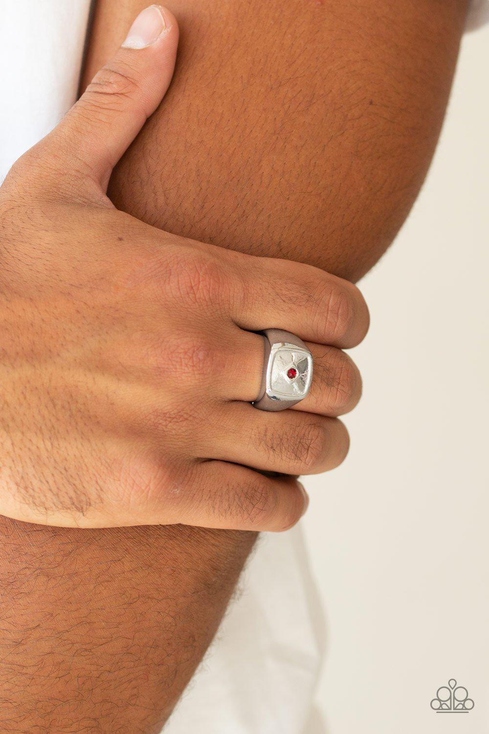 Immortal Men&#39;s Red Rhinestone and Silver Ring - Paparazzi Accessories- model - CarasShop.com - $5 Jewelry by Cara Jewels