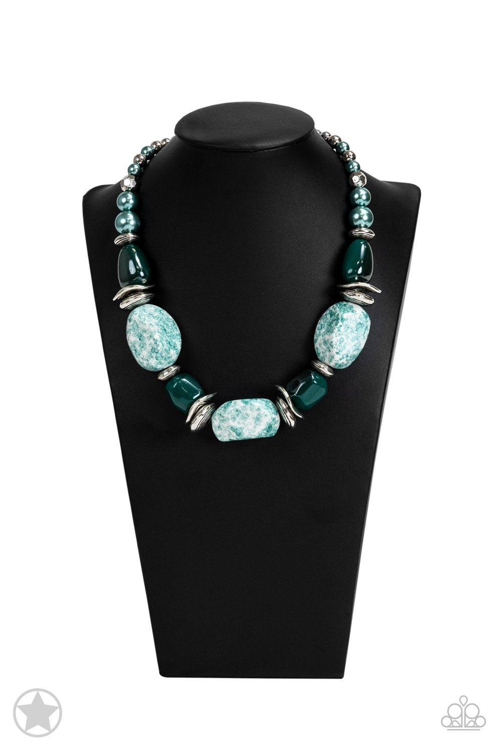 In Good Glazes Chunky Blue Necklace and matching Earrings - Paparazzi Accessories- on bust -CarasShop.com - $5 Jewelry by Cara Jewels