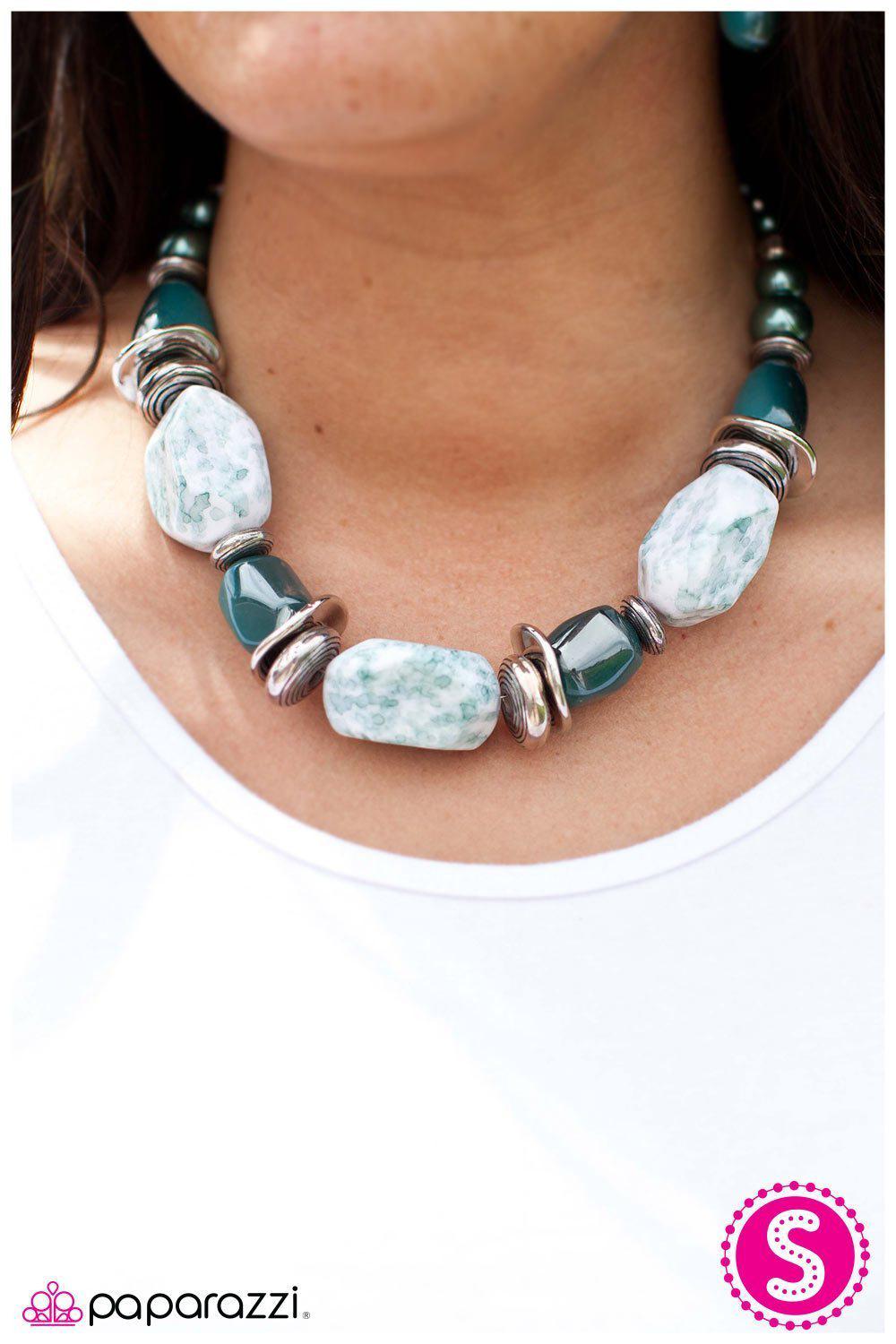 In Good Glazes Chunky Blue Necklace and matching Earrings - Paparazzi Accessories- stylized on model - CarasShop.com - $5 Jewelry by Cara Jewels