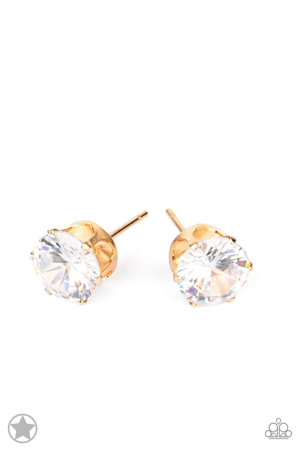 Just in Timeless White Rhinestone and Gold Post Earrings - Paparazzi Accessories - lightbox -CarasShop.com - $5 Jewelry by Cara Jewels