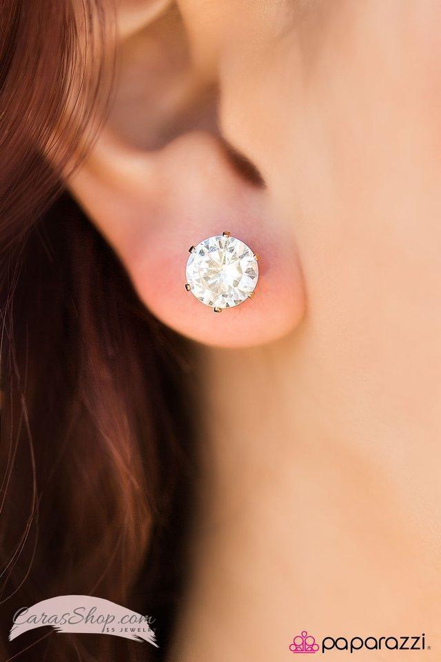 Just in Timeless White Rhinestone and Gold Post Earrings - Paparazzi Accessories- stylized on model - CarasShop.com - $5 Jewelry by Cara Jewels