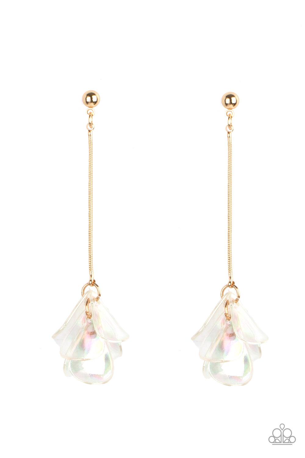 Keep Them In Suspense Gold and Iridescent White Flower Earrings - Paparazzi Accessories