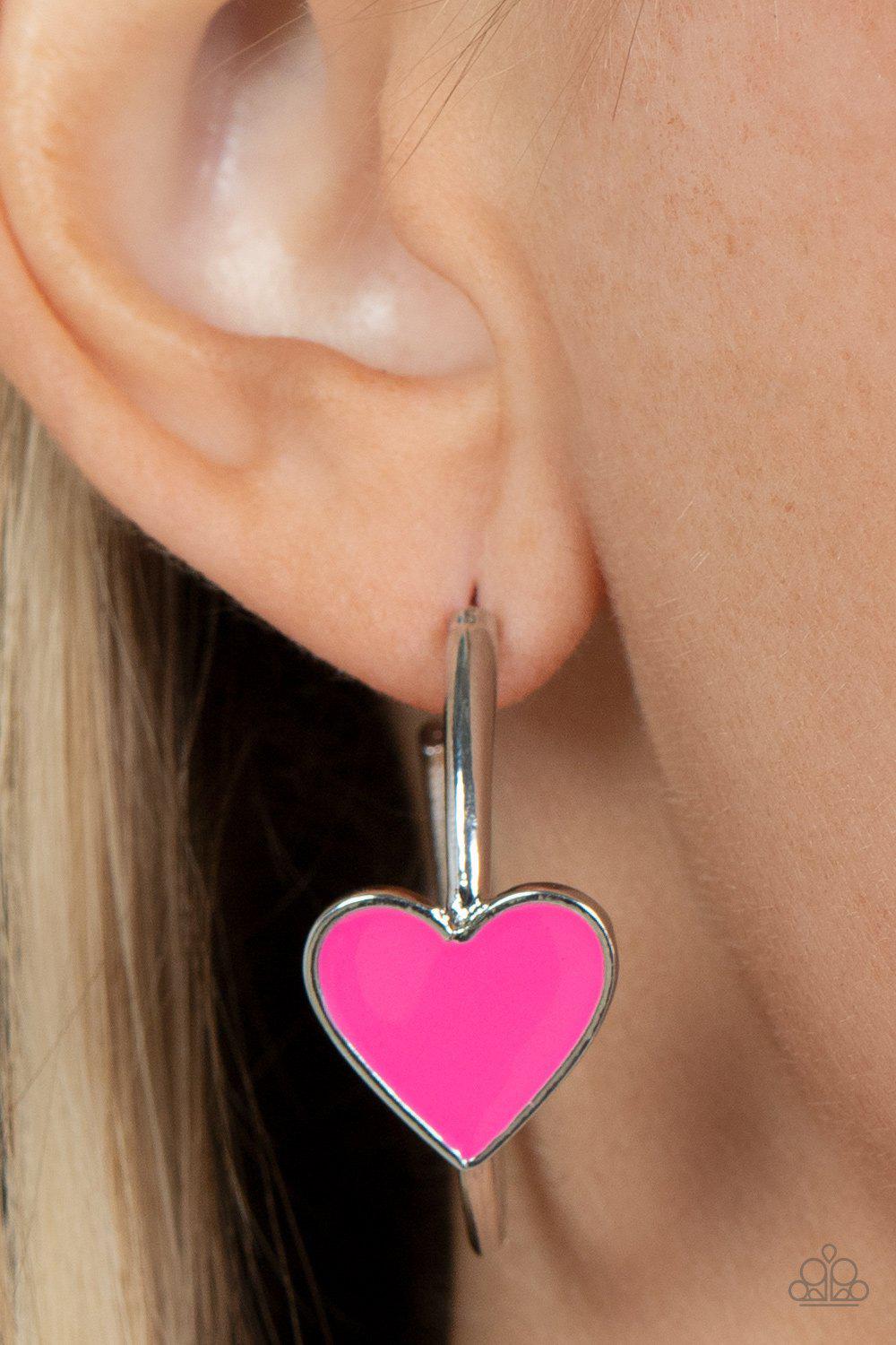 Kiss Up Pink Heart Hoop Earrings - Paparazzi Accessories- model - CarasShop.com - $5 Jewelry by Cara Jewels