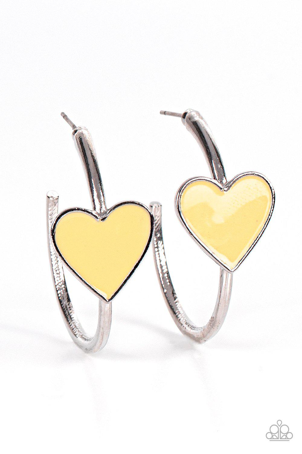 Kiss Up Yellow and Silver Heart Hoop Earrings - Paparazzi Accessories- lightbox - CarasShop.com - $5 Jewelry by Cara Jewels