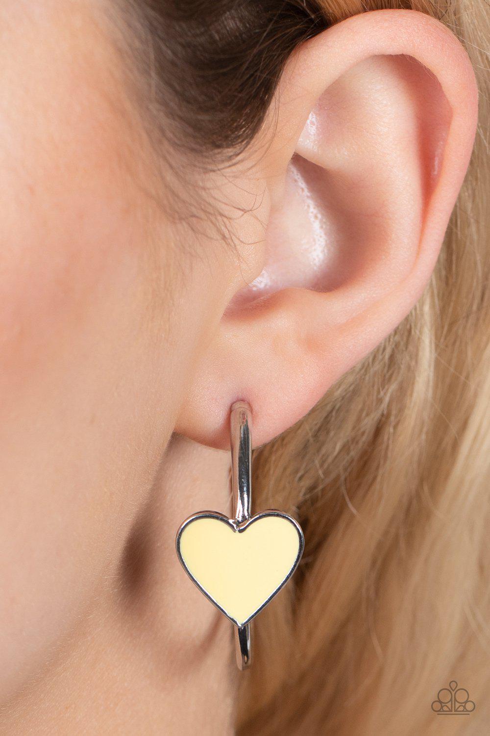 Kiss Up Yellow and Silver Heart Hoop Earrings - Paparazzi Accessories- lightbox - CarasShop.com - $5 Jewelry by Cara Jewels